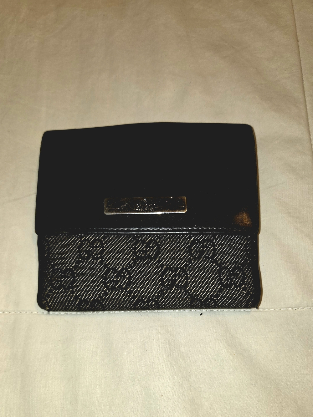 Gucci Black Fold-Over Compact Wallet with Monogram Panel